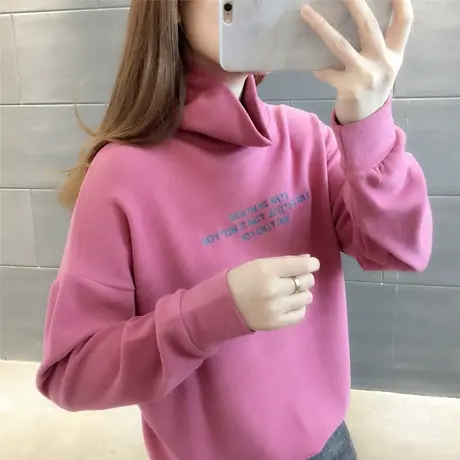 长袖加绒加厚纯色cec卫衣女宽松2023秋冬新款韩版半高领套头ins潮商品大图