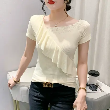 2023夏季新款时尚荷叶边T恤女短袖性感网纱紧身小衫重工烫钻上衣商品大图