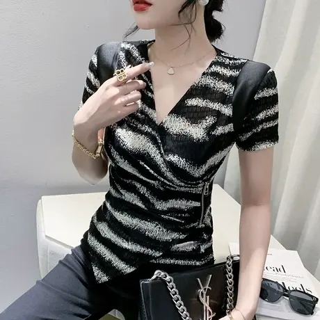 性感V领斑马纹T恤女短袖时尚设计感小衫不规则开叉上衣气质半袖夏商品大图