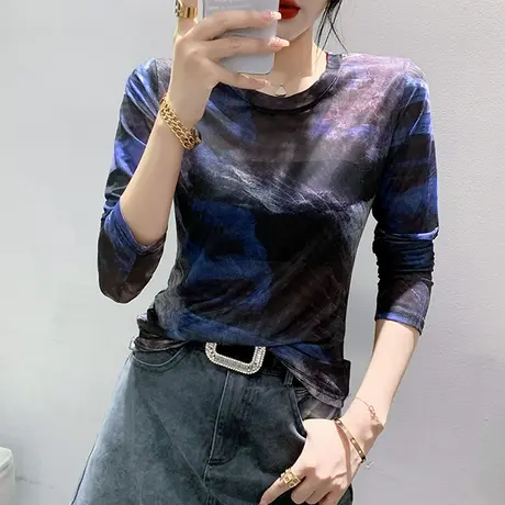 夏装薄款网纱防晒长袖女欧货2023新款扎染印花T恤洋气修身上衣ins商品大图