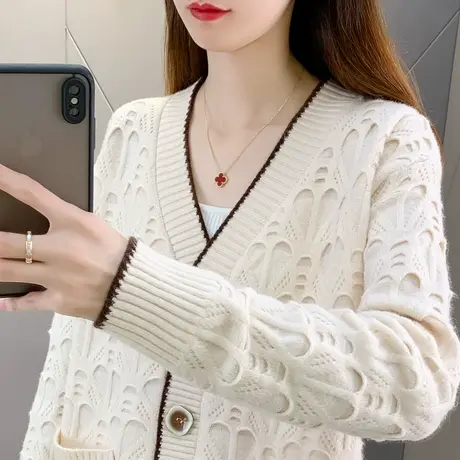 秋季新款2023年女装早秋v领小香风针织开衫毛衣外套洋气百搭上衣商品大图