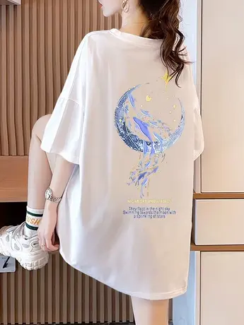 纯棉短袖t恤女2023新款夏季洋气减龄宽松大版半袖体恤中长款上衣商品大图