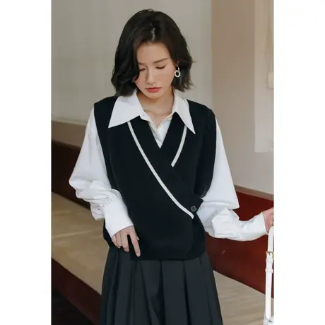 弥古复古黑色v领针织马甲女设计感小众春秋法式毛衣背心显瘦马夹商品大图