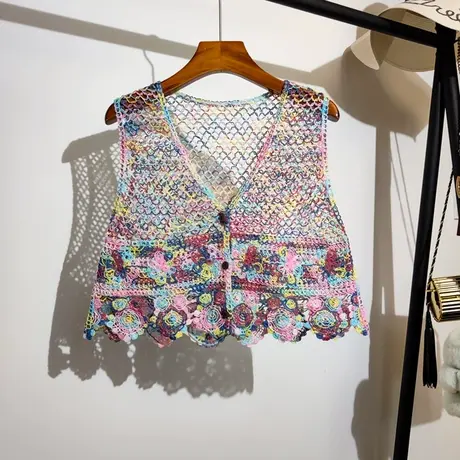 多彩混色镂空针织背心开衫女夏季新款v领休闲度假风无袖上衣外穿图片