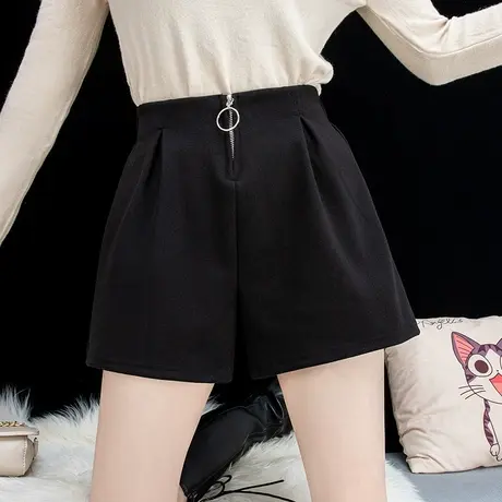 短裤女秋冬2022新款百搭宽松显瘦a字高腰阔腿裤毛呢黑色靴裤外穿商品大图