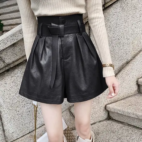 pu皮短裤女秋季2022年新款高腰显瘦花苞阔腿a字外穿休闲靴短裤子图片