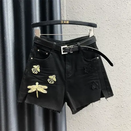 时尚刺绣毛边高腰破洞a字阔腿裤欧货女2023秋季显瘦弹力牛仔短裤商品大图