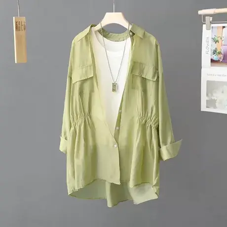 轻薄绿色防晒衬衫外套女夏季设计感小众开衫薄款防晒衣长袖上衣潮图片