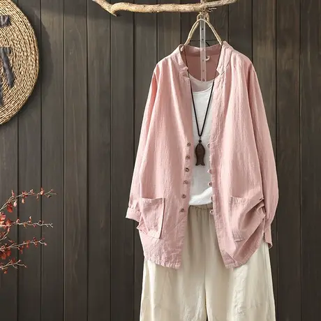 枫谜2019春装新款 文艺范棉麻纯色衬衫女宽松长袖开衫外套上衣图片