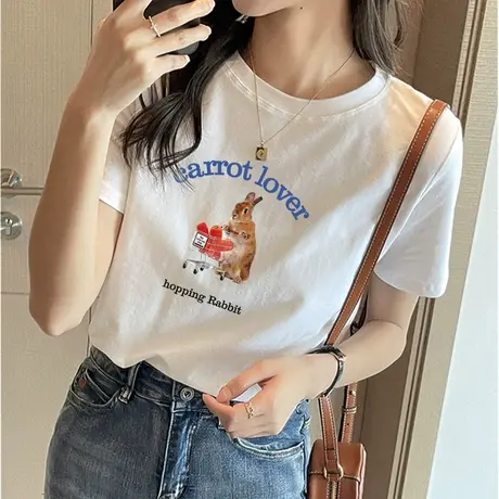 网红兔子短袖t恤女2023夏季新款宽松半袖纯棉打底体恤衫白色上衣图片