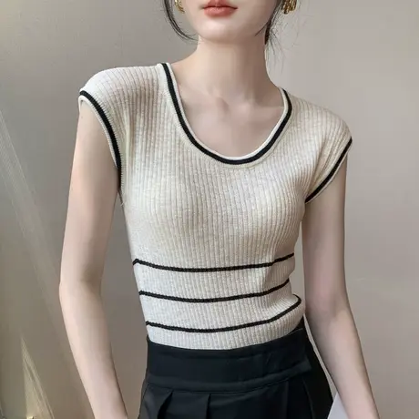 条纹拼接U领短袖针织T恤女2023夏季修身收腰显瘦螺纹薄款透气上衣商品大图