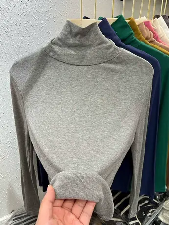 高领加绒加厚纯色长袖T恤上衣女2022秋冬新款保暖内搭修身打底衫商品大图