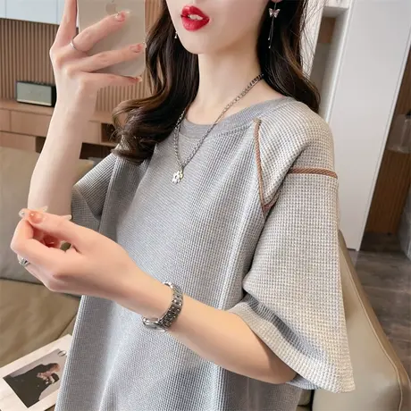 小众设计感短袖t恤女夏季韩版宽松大码女装中长款华夫格半袖上衣图片