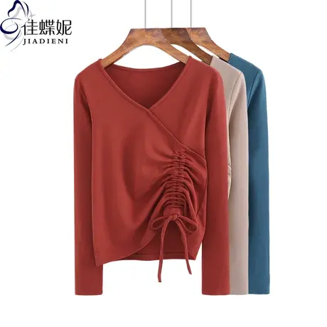冬新款纯棉V领修身抽绳加绒加厚长袖保暖体恤上衣打底内搭韩版女商品大图