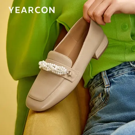 意尔康真皮英伦风通勤粗跟小皮鞋女2023年秋季新款平底乐福鞋单鞋商品大图