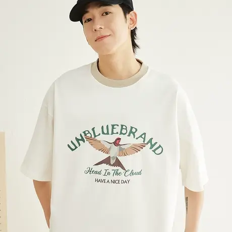 日系复古潮牌燕子印花撞色领子白色纯棉T恤短袖男款小众潮流衣服商品大图