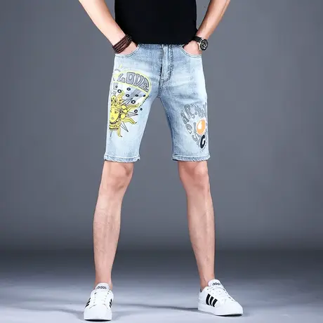 美式高街潮ins五分裤子男士高端印花牛仔短裤男春秋男款中裤潮牌商品大图