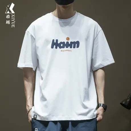 希越全棉250g重磅体恤衫男短袖t恤宽松大码日系潮流胸前印花衣服商品大图