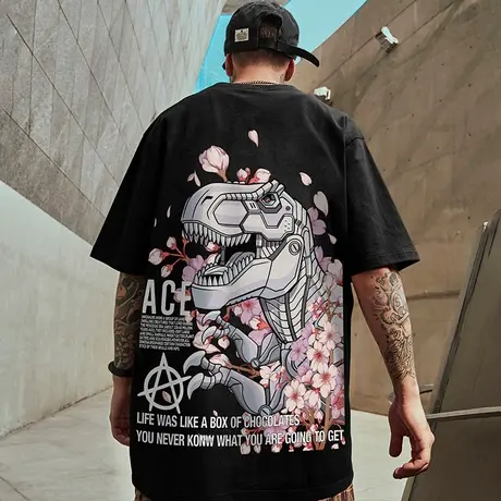 日系欧美潮牌半袖潮流情侣装大码男装宽松国潮胖子短袖T恤男潮流商品大图