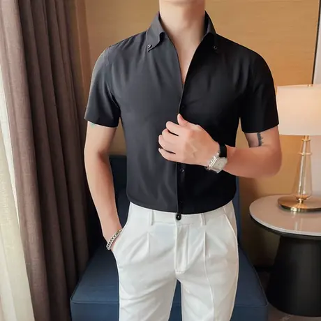 意式一片式V领衬衫男半袖潮流痞帅小性感修身腔调黑白衬衣短袖潮商品大图