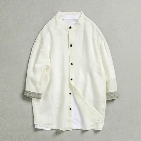 亚麻衬衫男春秋季休闲男士棉麻七分袖立领白色衬衣日系宽松外套潮商品大图