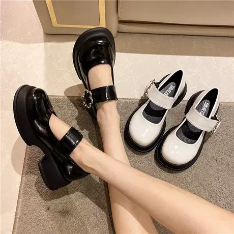 一字扣花朵女鞋2023春秋季新款圆头浅口粗跟英伦风单鞋百搭小皮鞋商品大图