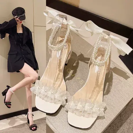 凉鞋女仙女风法式小众设计感2023新款气质绑带一字带珍珠夏粗高跟图片