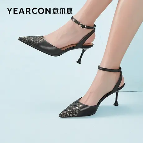 意尔康女鞋官方旗舰店凉鞋女夏季气质后空鞋尖头细跟搭扣断码图片