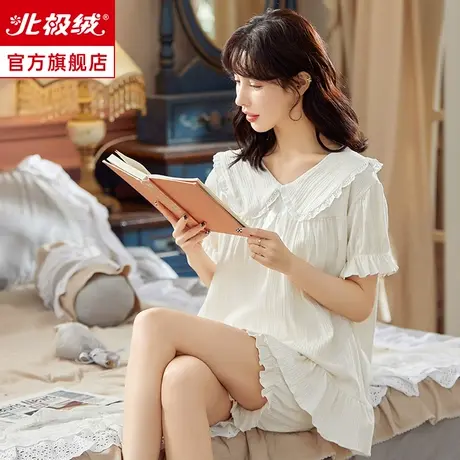 睡衣女夏季2022年新款短袖薄款甜美公主风纯色棉质家居服两件套装商品大图