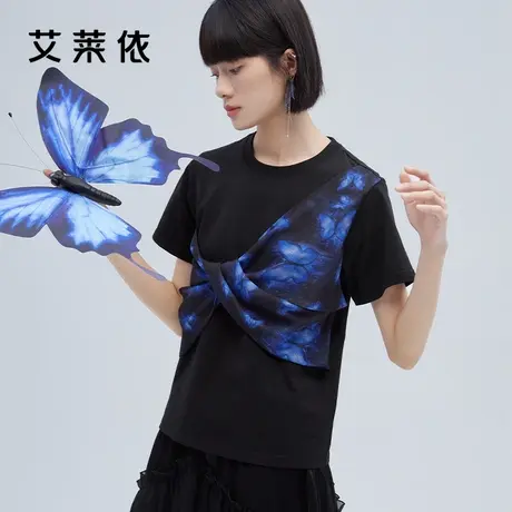 艾莱依短款设计感T恤女装夏季新款蝴蝶结别致小众短袖不规则上衣商品大图