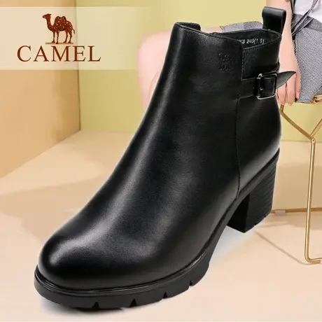 Camel/骆驼女鞋秋冬季款真牛皮高跟加绒保暖舒适休闲粗跟女短靴子图片