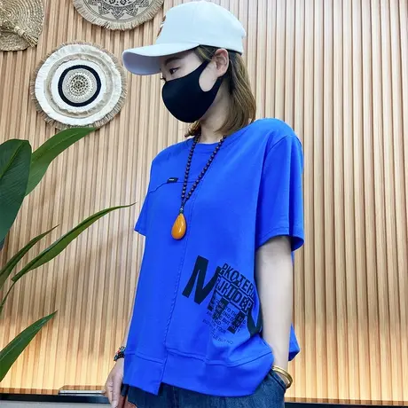 2023年夏装新款侧边M字母印花短袖上衣宽松百搭时尚显瘦T恤小衫女商品大图