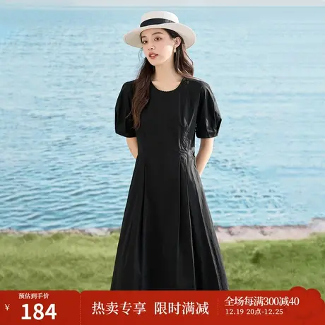 【商场同款】茵曼复古连衣裙2023夏季女装新款绣花灯笼袖小黑裙商品大图
