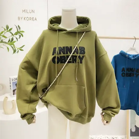 2022春季新款韩国东大门chic慵懒字母休闲运动连帽卫衣宽松大码女商品大图
