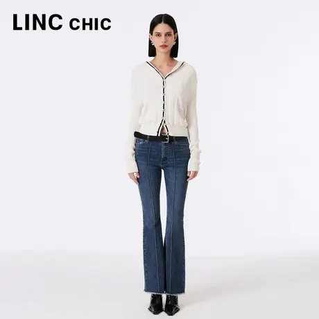 LINCCHIC金羽杰牛仔裤女2023年秋季新款中高腰磨毛修身微喇裤长裤商品大图