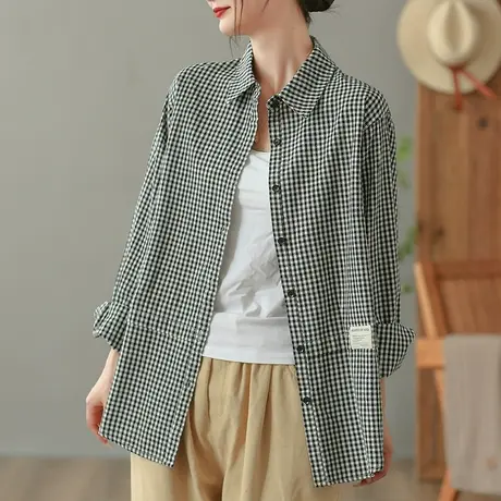 dza 复古翻领格子衬衫外套女士春秋新款宽松上衣开衫休闲百搭衬衣图片