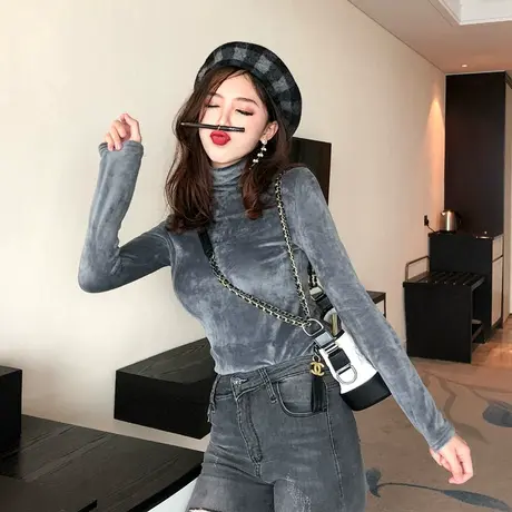 秋冬金丝绒加绒加厚德绒打底衫女装长袖时尚百搭洋气高领内搭上衣图片