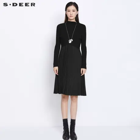 sdeer圣迪奥女装圆领抽褶长袖针织两件背心连衣裙S21361212图片