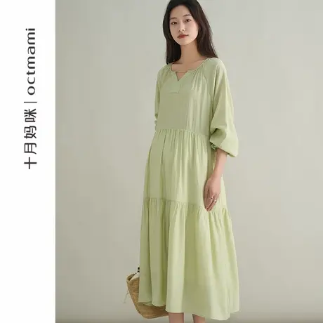 十月妈咪孕妇连衣裙2025春季新款外穿遮肚宽松大码V领高级感春装商品大图