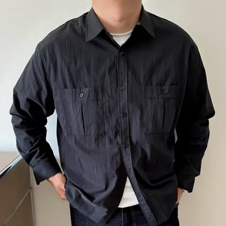 大依无忧大码男装秋新款黑色休闲衬衫潮胖子加肥加大男士长袖衬衣商品大图