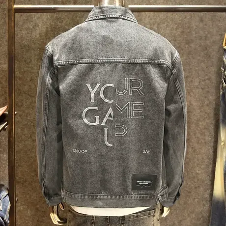 春季时尚刺绣牛仔外套男烟灰色复古风夹克男韩版潮流百搭帅气上衣商品大图