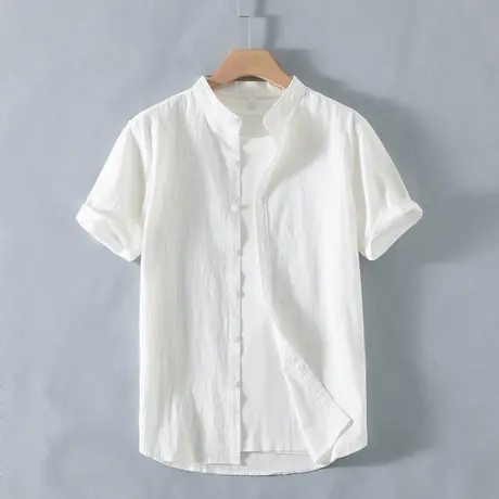 夏季日系立领薄款冰丝亚麻衬衫男短袖宽松休闲半棉麻衬衣白色寸衫商品大图