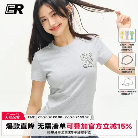 ER珍珠字母短袖t恤夏季新款美式潮牌收腰显瘦小领口情侣半袖商品大图