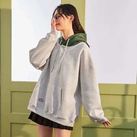 唐狮春秋爆款连帽卫衣女插肩袖拼色上衣宽松休闲美式学院风女卫衣商品大图