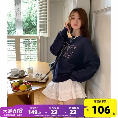 yoe蝴蝶结刺绣圆领卫衣女秋冬新款宽松加绒小个子藏青色短款上衣商品大图