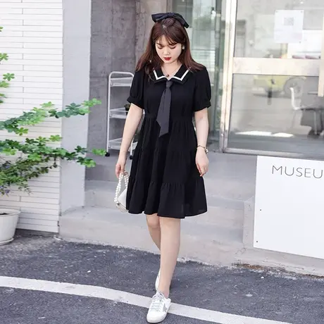 2023夏季新款韩版宽松藏肉海军领减龄蛋糕裙显瘦微胖MM大码连衣裙商品大图