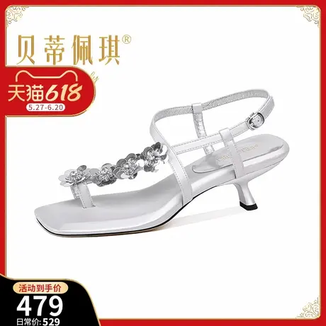 洋气时尚细跟套趾凉鞋女2025年夏季新款方头一字带花朵高跟鞋百搭图片