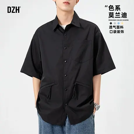 青少年黑色美式工装短袖衬衫男款2025新款莫兰迪色设计感上衣潮牌图片