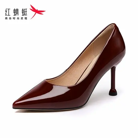 红蜻蜓女鞋漆皮亮面气质名媛女士高跟鞋女2024新款细跟春秋酒红色商品大图
