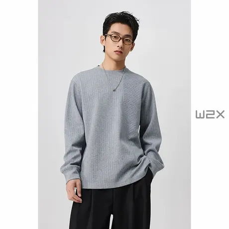 w2x2025春季弧形分割拼接长袖T恤男肌理纺针织圆领设计感体恤潮商品大图